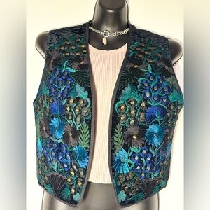 Handmade Guatemalan cotton Floral Embroidered Vest flowers blue green
